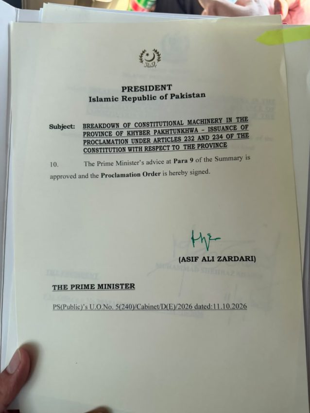 Kp Emergency Summary Sent To President Zardari For Final Approval