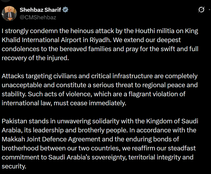 Pakistan Reiterates Full Support For Saudi Arabia After Riyadh Airport Attack Kills 12 